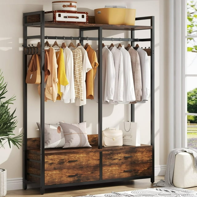 Fnova Clothes Rack with Shelf and Hanging Rod, 4 Drawers Freestanding Closet Organizer, Heavy Duty Industrial Hall Tree Garments Rack for Small Space, Bedroom, Brown