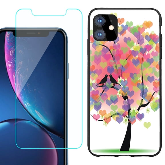 For Apple iPhone 11 Phone Case , Slim-Fit TPU Protective Case (Black), with Tempered Glass Screen Protector, by OneToughShield ® - Color Hearts Tree