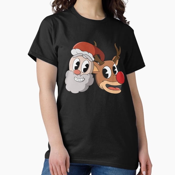 Holiday figure and Rudolph in cuphead face pattern festive artwork Unisex T-Shirt, up to size 5XL