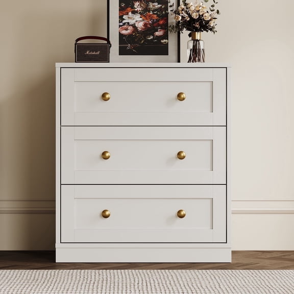 CozyHome Large Nighstand, Wood Night Stand with 3 Drawers, Wood Side Table with Golden Round Knobs, Modern End Table Chest of Drawers for Bedroom, Living Room, Hallway, Closet, White