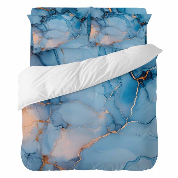 Duvet Cover Set Queen Size 4 Pieces, Abstract Marble Texture Art Comforter Cover Soft Bedding Sets, Watercolor Gradient Blue-grey Bed Set Include 1 Duvet Cover, 2 Pillow Shams, 1 Bed Sheet