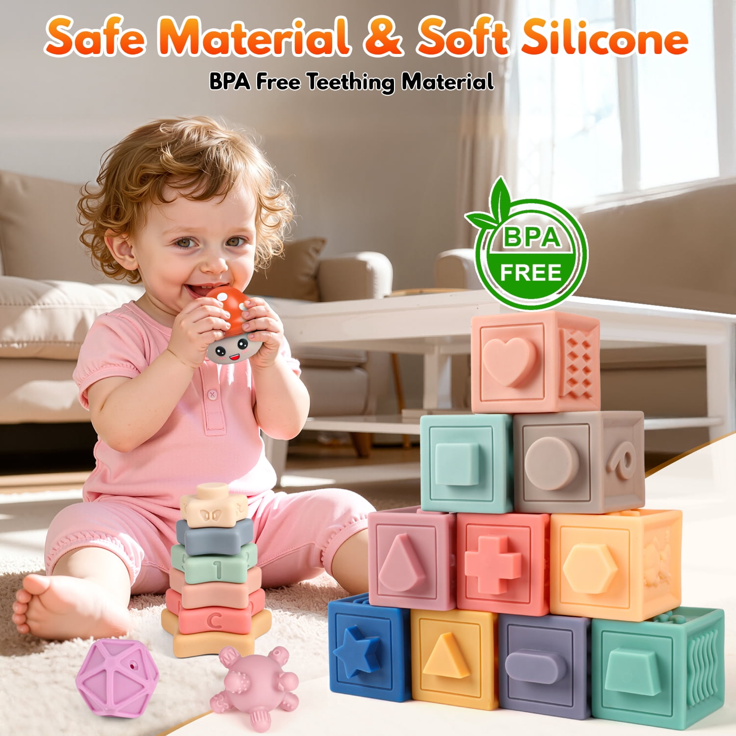 Beefunni Baby Toys 6-12 Months,Montessori Toys Soft Baby Teething Toys, Stacking Building Blocks, Sensory Development Educational Toys for Baby 12-18 Months