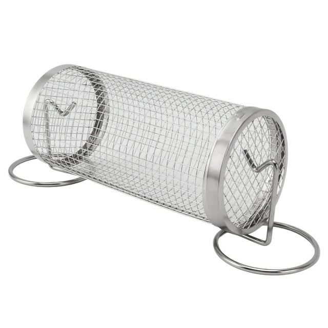 Stainless Steel BBQ Net Tube Rolling Grilling Basket for Outdoor Barbecue Camping, Quick Rotation, Enhanced Flavor, Easy to Clean, Convenient to Use with Fork Hook