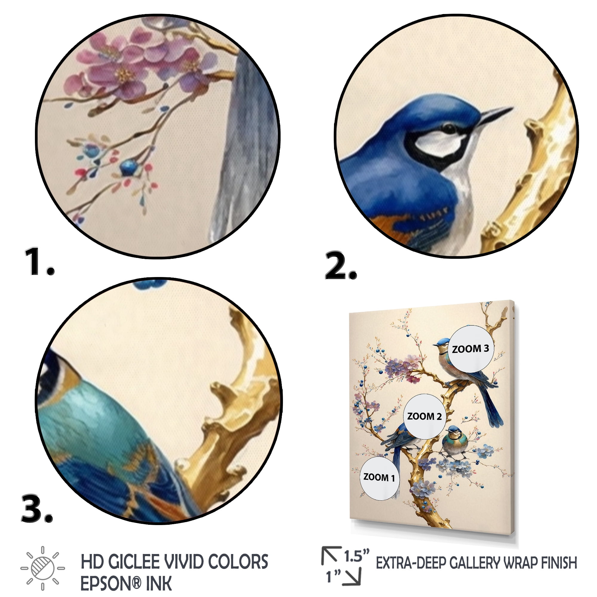Designart Multicolor Birds On Plum Blossoms Tree VII Canvas Wall Art
