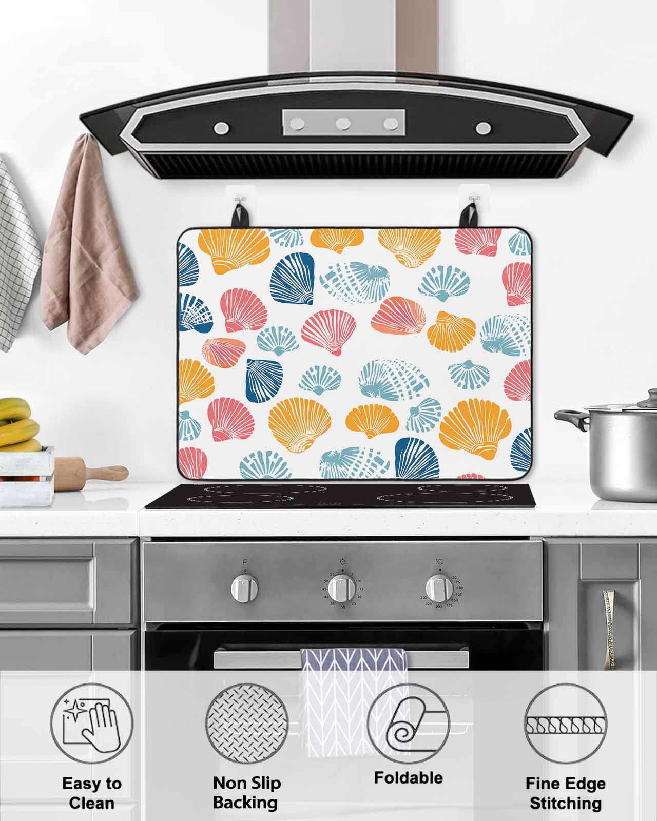 nqOlkjepod Large Induction Cooktop Protector Mat 24"x21", Colorful Shell Stove Top Covers for Electric Stove, Watercolor Summer Beach Coastal Stove Burner Cover Mats, Glass Top Stove Cover