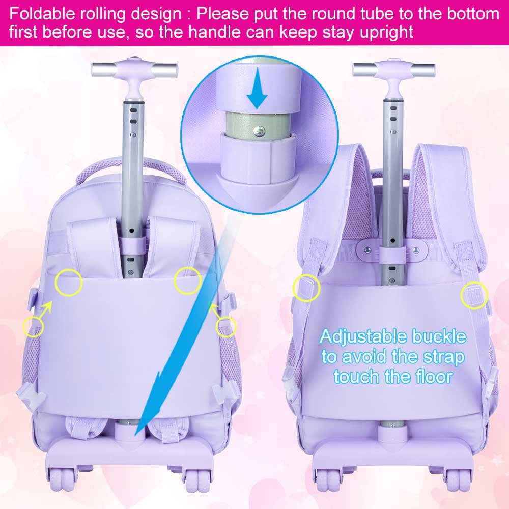 AGSDON Rolling Backpack for Girls Women, 21 inch Roller Wheels School Bookbag, Wheeled Suitcase Backpacks with Lunch Bag for Teen - Purple