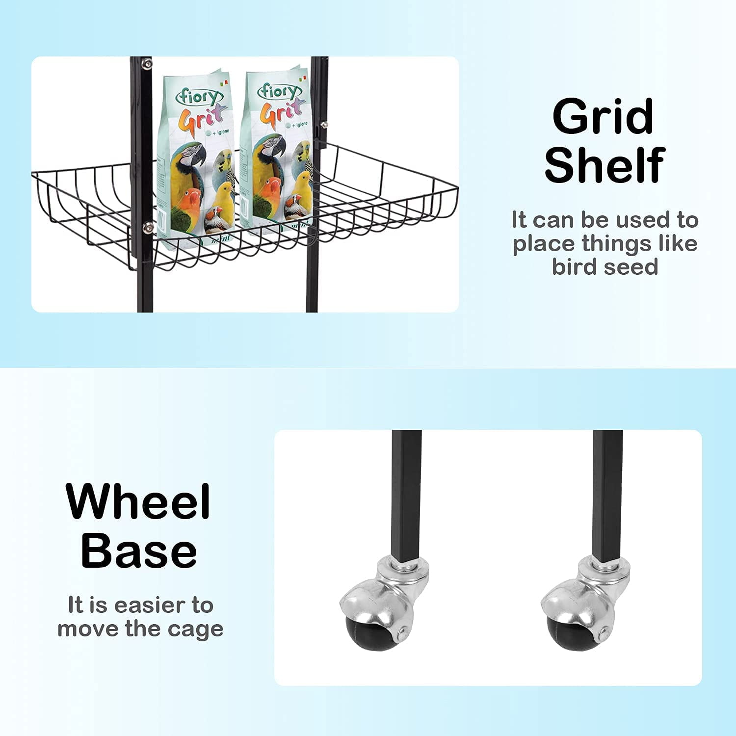 NiamVelo 64-inch Metal Bird Cage with Rolling Stand & Bottom Tray, Pet Storage Shelf Parrot Cage with Open Play Top for Lovebirds & Parakeets, Black