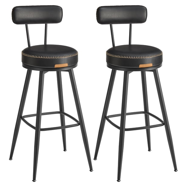 VASAGLE EKHO Colección - Juego de 2 Taburetes de Bar, Sillas Giratorias de Barra con Respaldo, Cuero Sintético con Costuras, Moderno Siglo Medio, Altura 76 cm, Barra Cocina, Negro Tinta LBC889B01