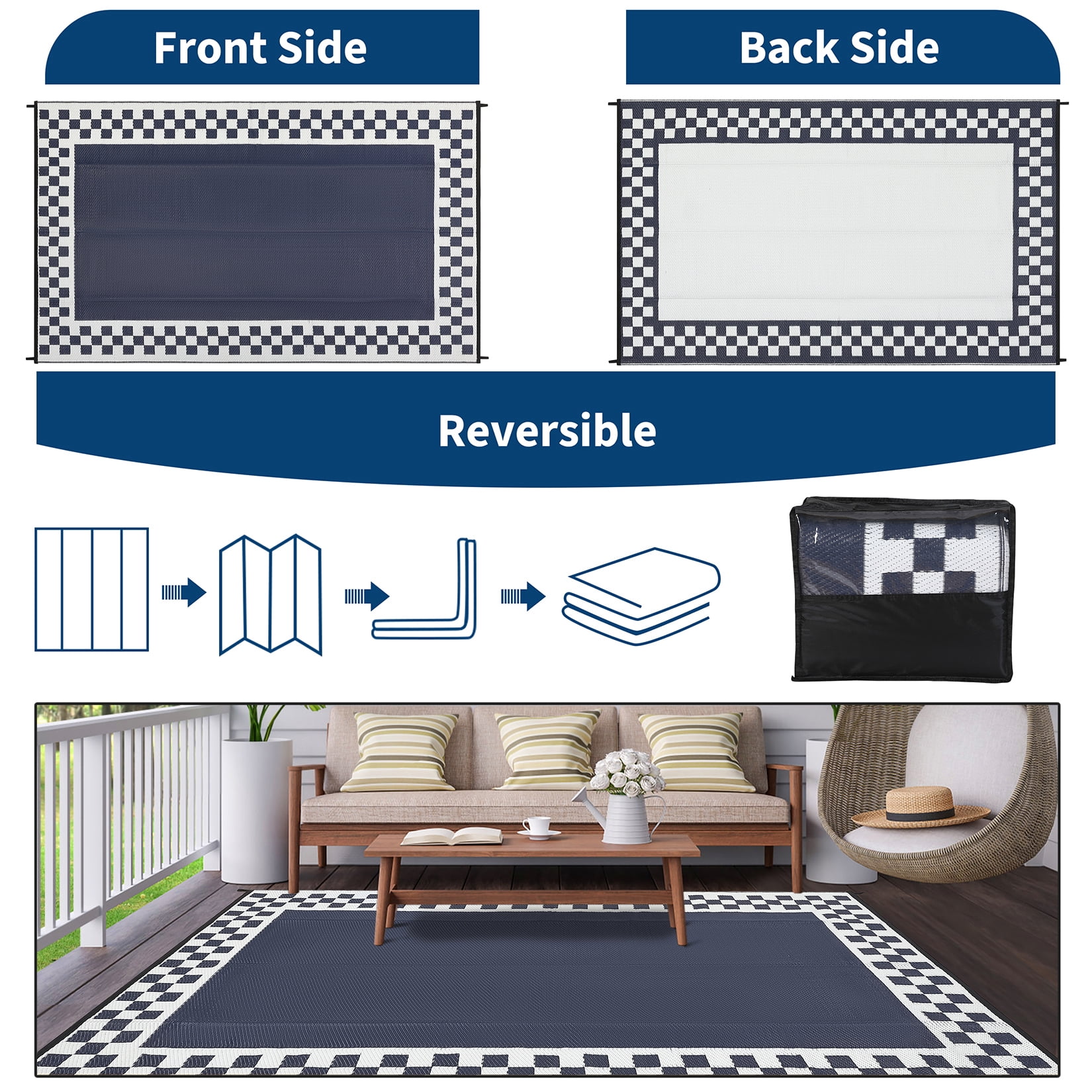 HIWEAVER 9' x 18' Navy/White Outdoor Rug PP Plastic Straw Woven Waterproof Patio Rug with Border Portable Outside Carpet for Balcony Deck Picnic Garden Decor