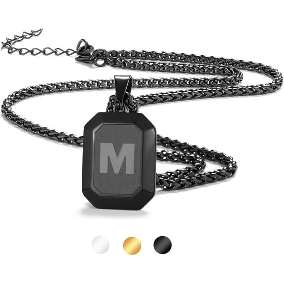 Initial A-Z Necklace for Men,Stainless Steel Square Letter Pendant Chain for Mens, 20 2 Inch