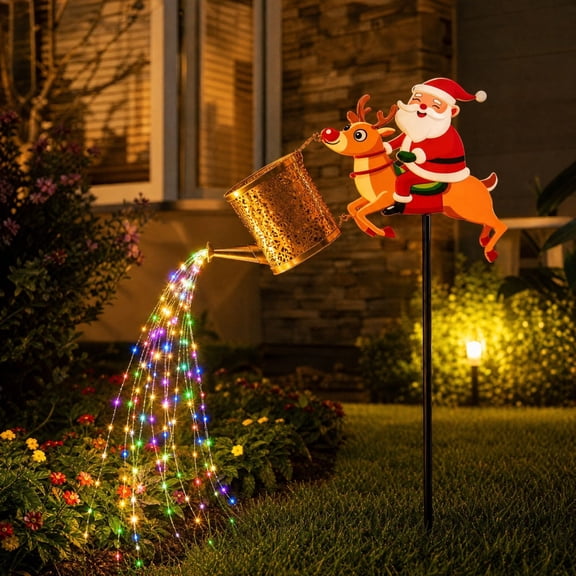 Christmas Santa & Deer Solar Garden Decor with Watering Cans, Christmas Solar Lights Outdoor Decorative, Vintage Christmas Ornaments