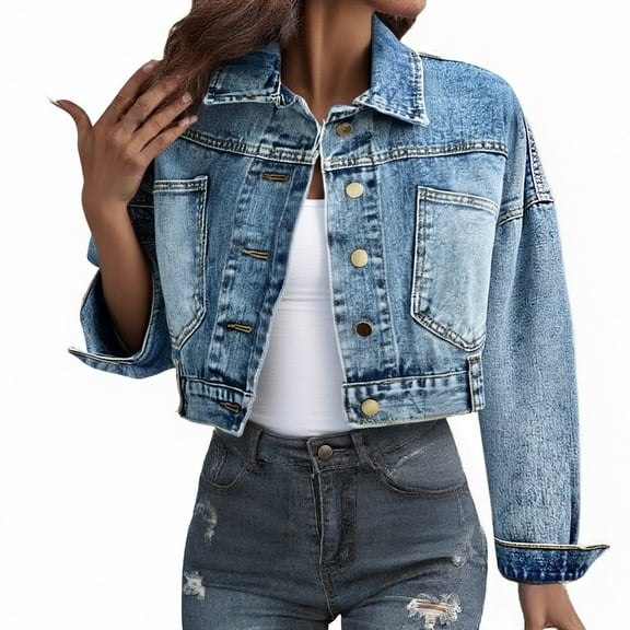 iHPH7 Cropped Jean Jacket for Women Womens Jackets Casual Fall Fashion Boyfriend Denim Jacket Jean Outfits for Women Crop Jackets for Women Womens Shacket Blue L