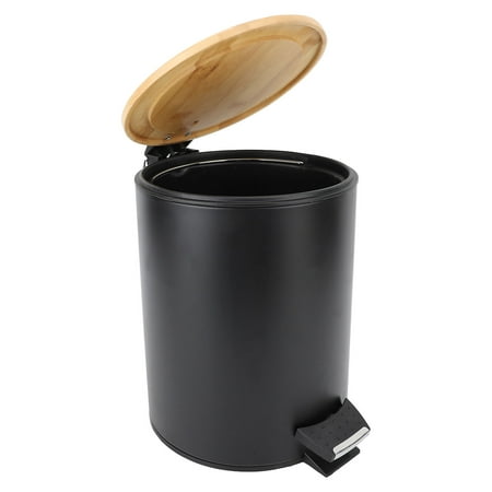 M Buder 1.3 Gallon (5L) Round Bamboo Lid Trash Can with Foot Pedal, Soft Close Wastebasket for Bathroom Kitchen, Black