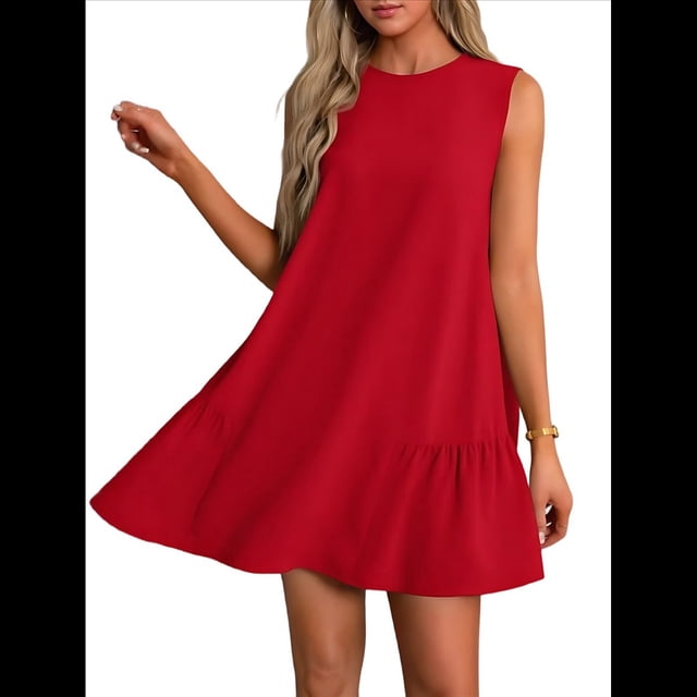 Vestido Tipo Chaleco Sin Mangas con Cuello Redondo en Color Liso, Rojo, Talla S