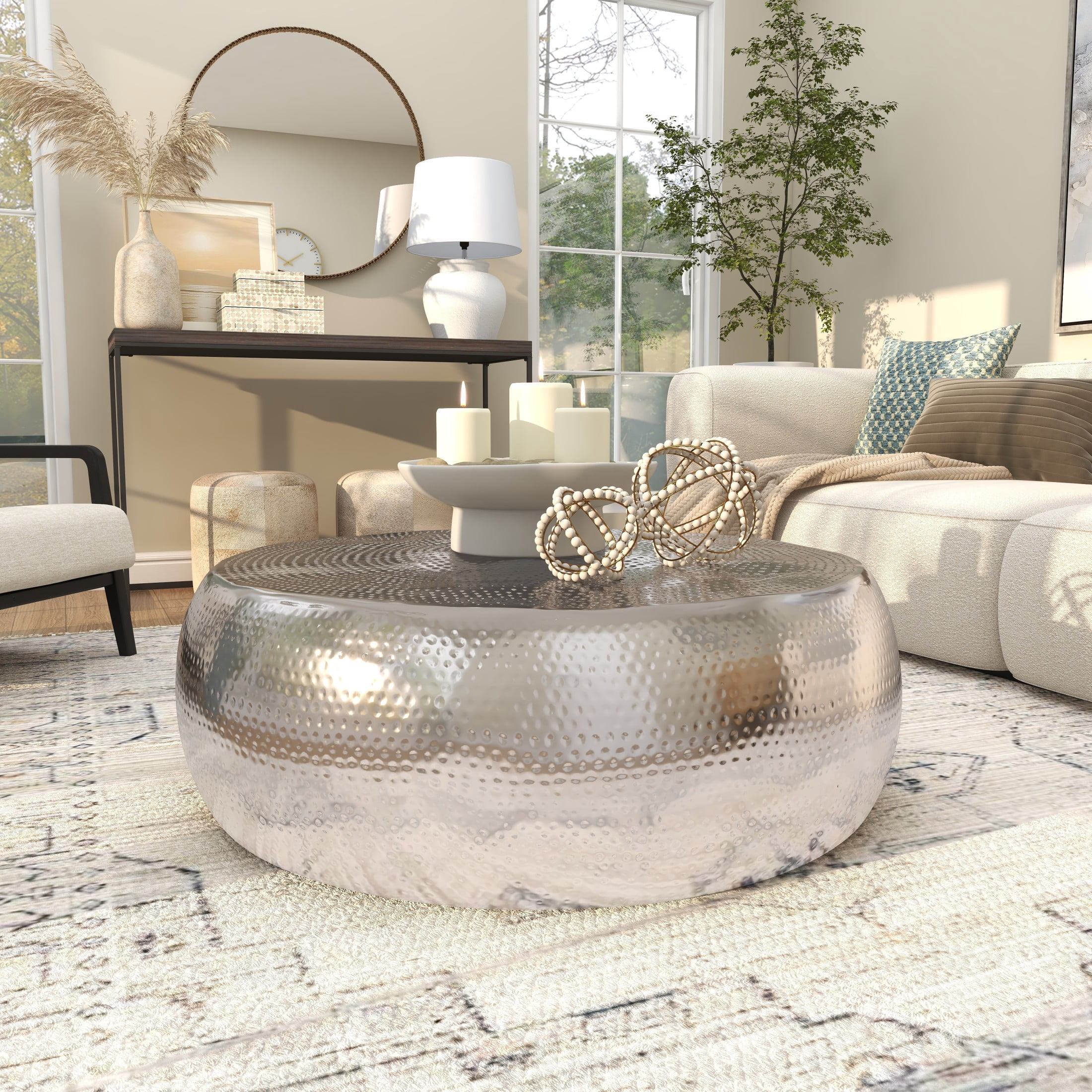 DecMode 42" x 14" Silver Aluminum Metal Coffee Table with Hammered Design, 1-Piece
