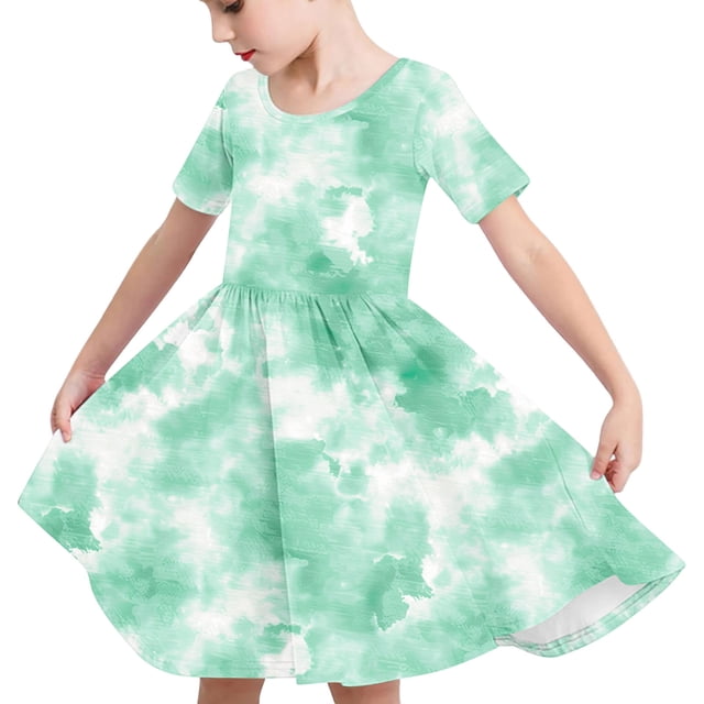 Odeerbi Niñas Gradiente Tie-Dye Skater Vestido Verano Flamed Swing Vestido Niños Manga Corta Elástico Vestido de Una Línea