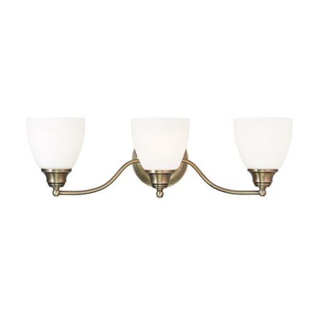 

Bathroom Vanity 3 Light With Hand Blown Satin Opal White Glass Antique Brass size 23 in 300 Watts - World of Crystal