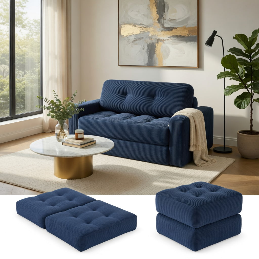 Hommoo Convertible Corduroy Folding Sofa Bed, 3-in-1 Living Room Sleeper with Back Support & Pillow, Navy Blue