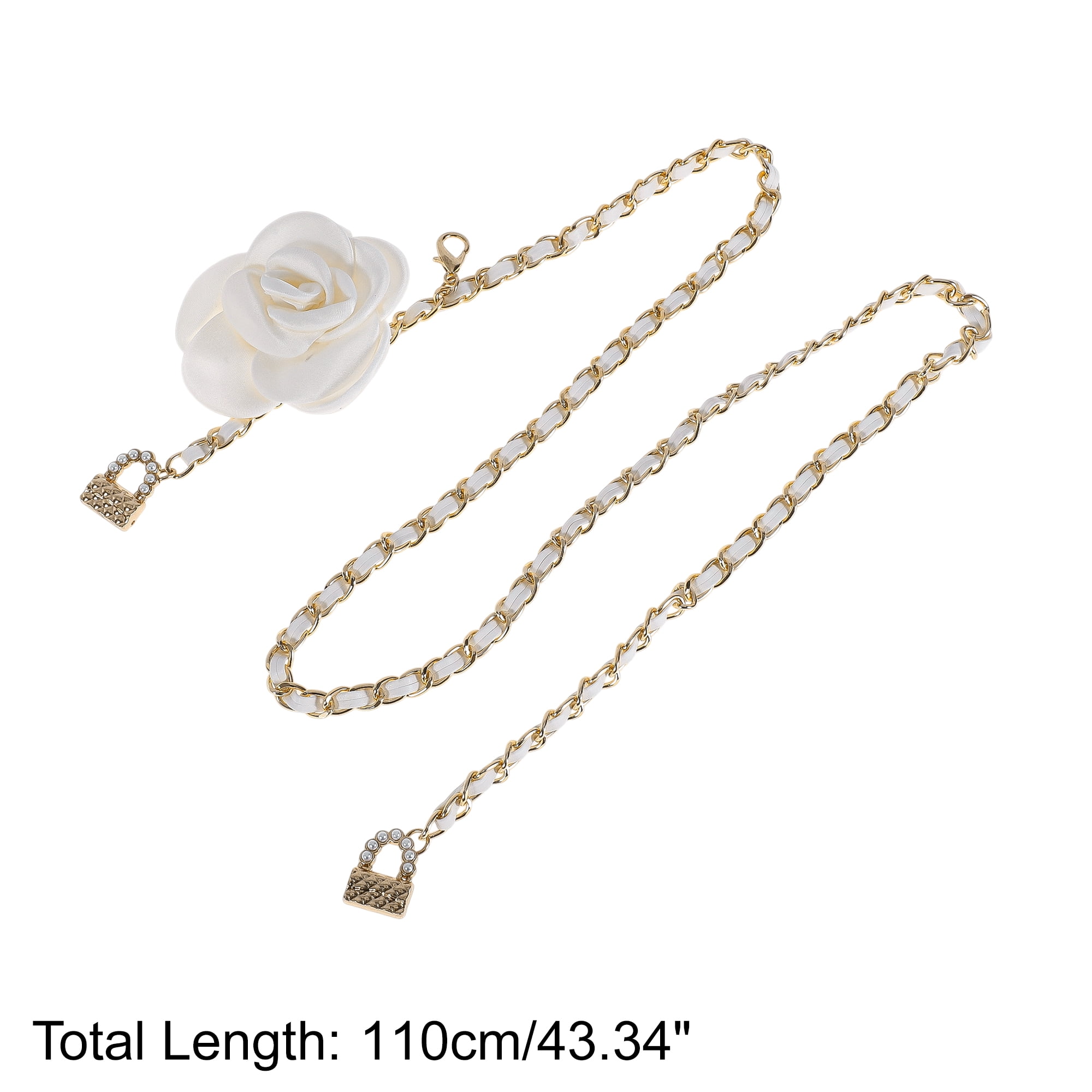 Unique Bargains Flower Adjustable Waist Belt with Adjustable Clasp Design Gold Tone, White