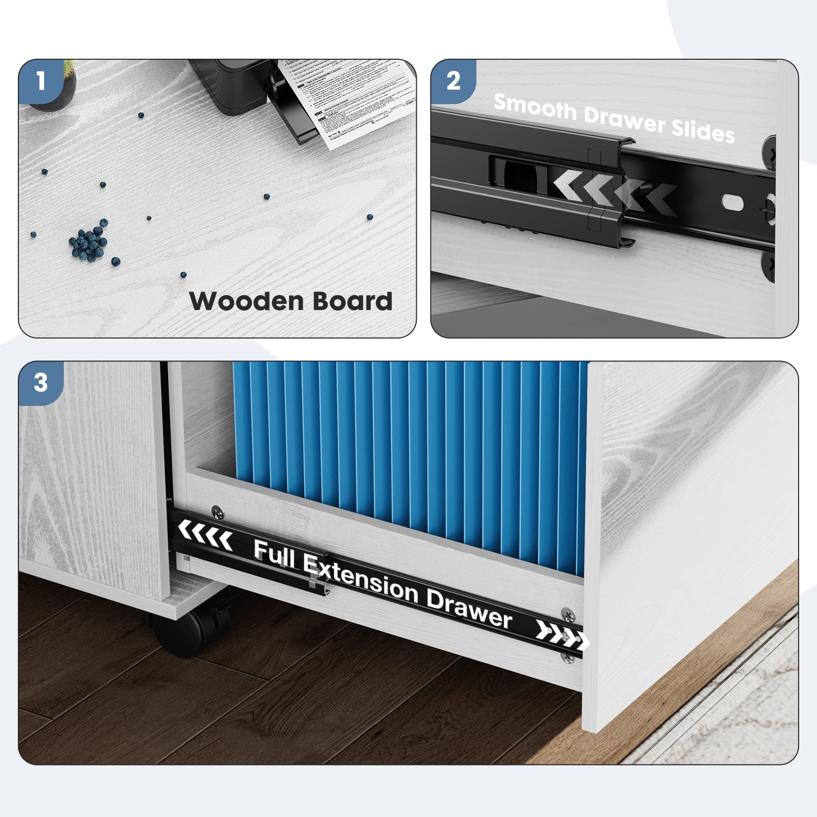 LIFERECORD 3-Drawer Wood File Cabinet with Wheels Under Desk Mobile Storage Organizer White