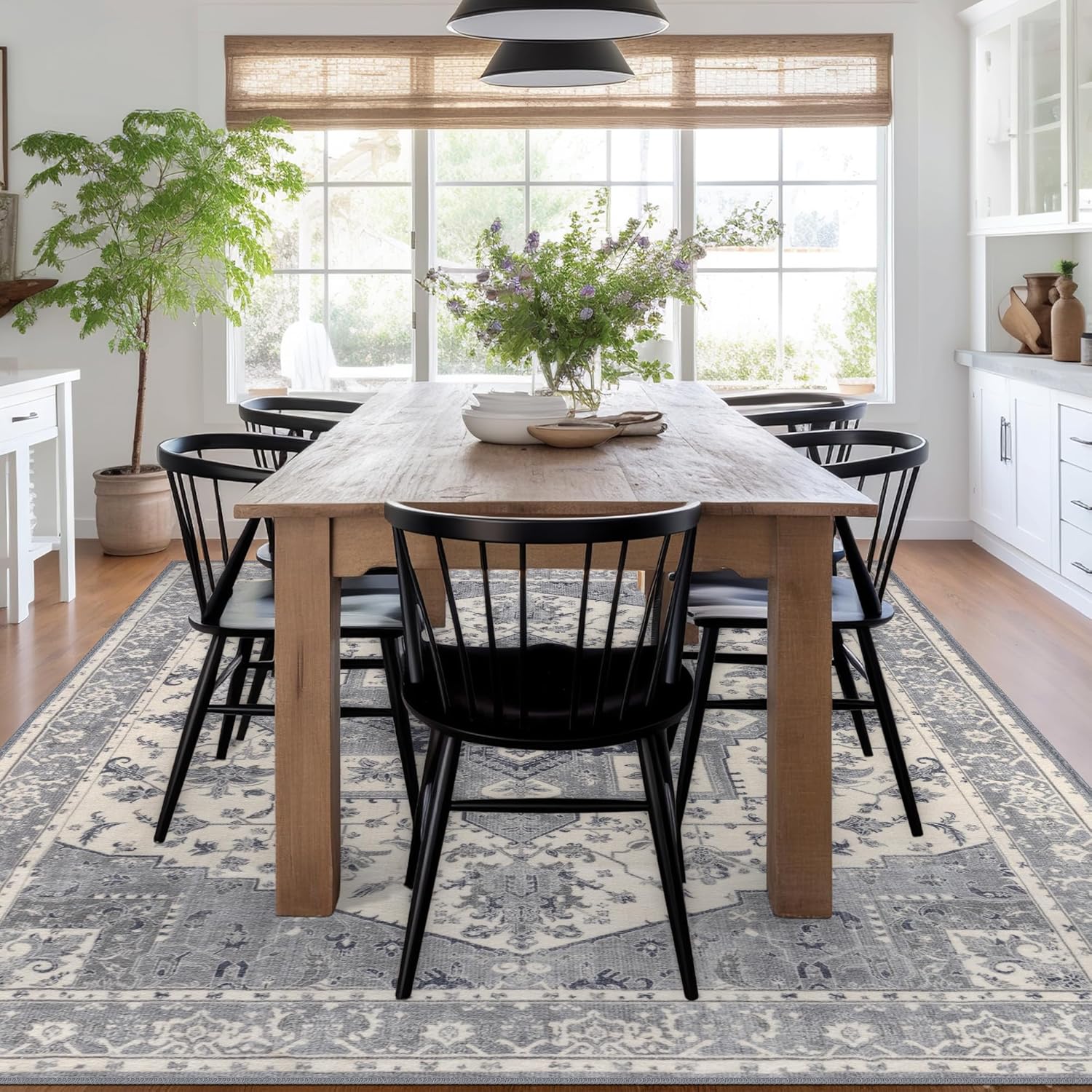 Washable Rugs 5x7, Vintage Grey Rug Soft Traditional Medallion Area Rug for Living Room, Low Pile Large Stain Resistant Oriental Floral Rug, Floor Carpet for Bedroom, Dining, Nursery, Office