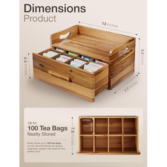 Tinamo Acacia Wooden Tea Box Organizer with Drawer – Tea Chest for Tea Bags Storage – Tea and Coffee Organizer - Wooden Tea Tray and Containers for Countertop Display (Acacia)