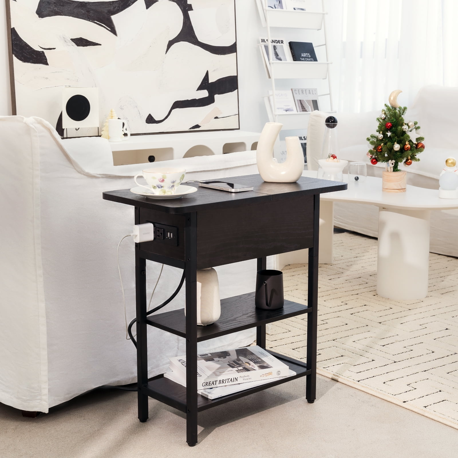End Table with Charging Station, Flip Top Side Table with USB Ports and Outlets,Small Table Bedside Tables with Storage Shelf for Living Room, Bedroom