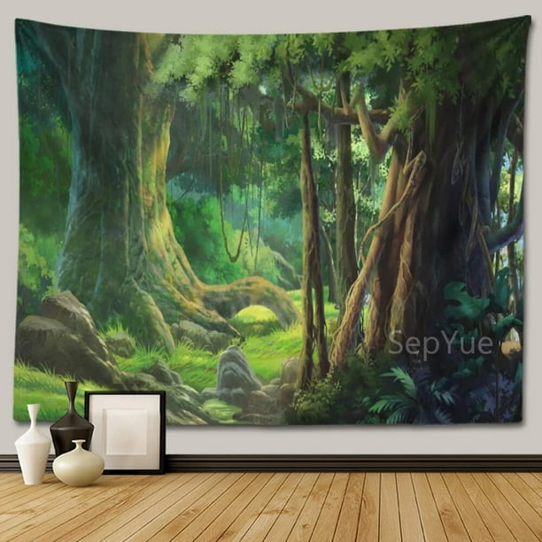 Tapiz de paisaje de árbol y bosque para colgar en la pared, decoración Hippie Boho, tapiz de tela grande, manta de tela estética para dormitorio