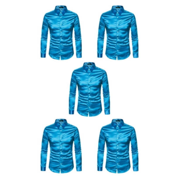 Qarigey Camisa transpirable para hombre Satén con mangas largas - Trabajo Boda o hogar Camisa para hombre Manga larga formal Azul grande XL Type2 NO2