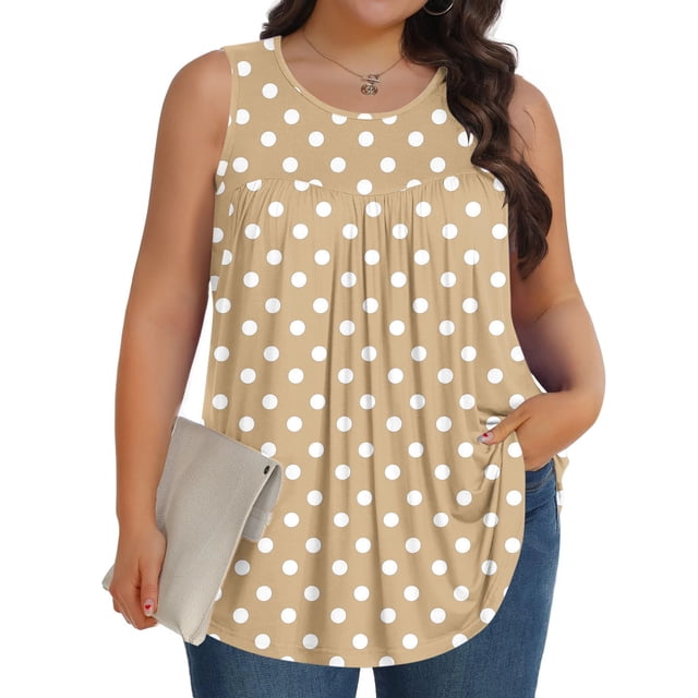 Sentmoon T-Shirts Graphiques pour Femmes Grande Taille Col Rond Débardeur Plissé pour Femmes Coupe Ample Imprimé Graphique Sans Manches Chemises Hawaïennes Été 2025 Dame Élégante pour Festival de Musique Beige TTTG