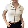 thumbnail image 1 of QHFBli Women Knit Crop Polo Shirts,Summer Short Sleeve Ribbed Collared T-Shirt Solid Fitted V Neck Tops, 1 of 6