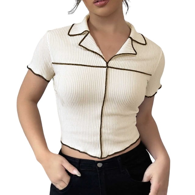 QHFBli Women Knit Crop Polo Shirts,Summer Short Sleeve Ribbed Collared T-Shirt Solid Fitted V Neck Tops