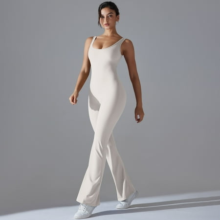 Women Bodysuits Sports Shapewear Yoga Suit Sports Set Backless Workout Jumpsuit Yoga Set Romper Backless Set Fitness Bodysuit (White Ash M)