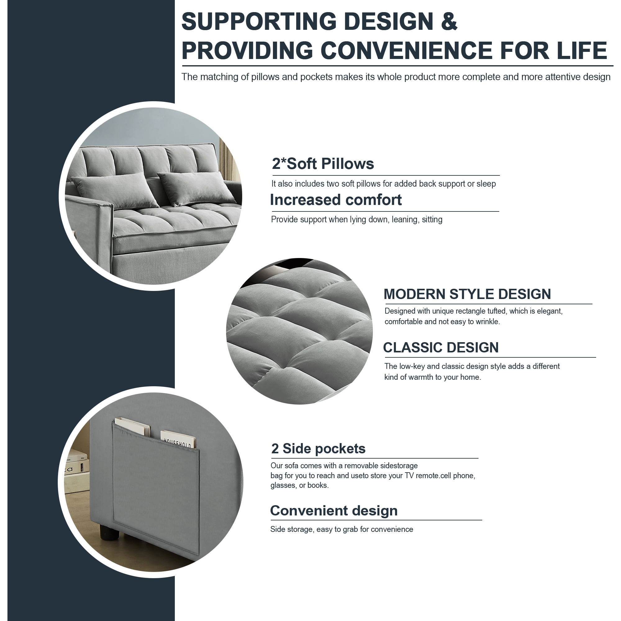 Muumblus 55" Pull Out Futon Sofa Bed, Convertible Sleeper Loveseat with Adjsutable Backrest, Modern Velvet Couch for apartment, Grey
