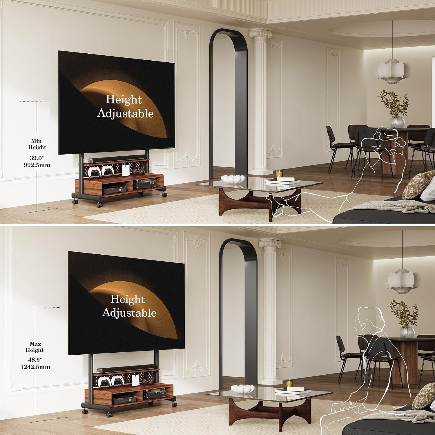 FITUEYES Rolling TV Stand for 70–100 Inch TVs, Black & Walnut, Wood Shelf & Pegboard