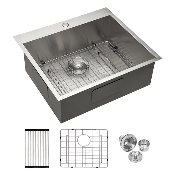 Zateety 25x22x9 inch Kitchen Sink Drop In 18 Gauge Stainless Steel 25" Single Bowl Topmount Kitchen Sink Basin