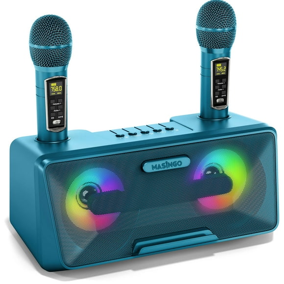 MASINGO Machine de Karaoké pour Adultes et Enfants avec 2 Microphones Sans Fil, Haut-Parleur Chant Bluetooth Portable, Lumières LED Colorées, Système PA, Support d'Affichage de Paroles et Câble de Télévision - Presto G2 (Turquoise)