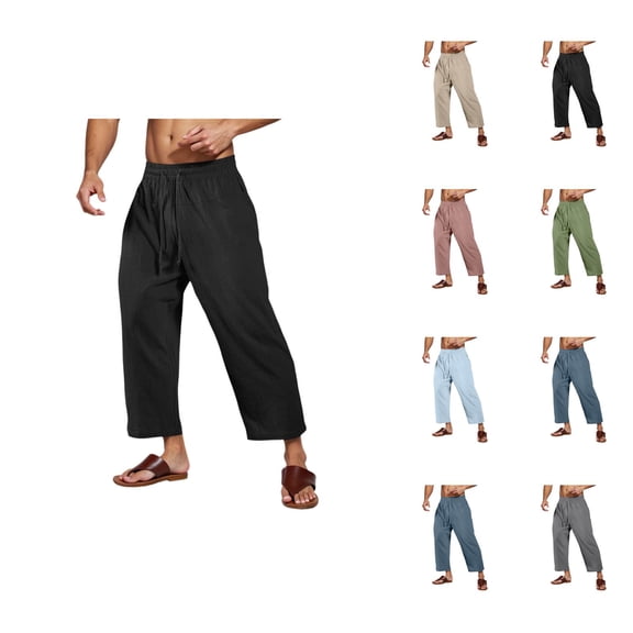 Cropped Pants for Men Solid Color Elastic Waist Drawstring Loose Fit Straight Leg Casual Cotton Pants Trousers