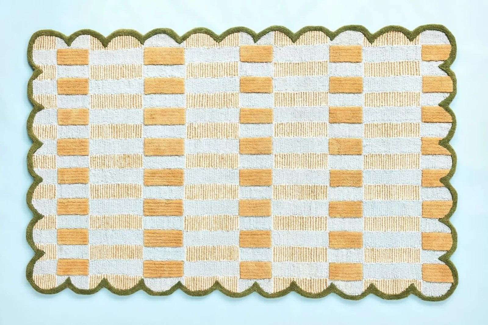 ALEF HOME Tufted Area Rug 8x10 - Yellow Beige Geometric Striped Pattern - Scalloped Edge Bedroom Living Room Rug - Soft Shag Style Indoor Carpet