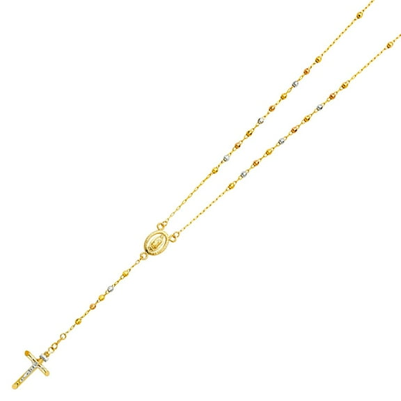 14K Tri-color Gold Links 3mm Puff Ball DC 26" Guadalupe Rosary Necklace