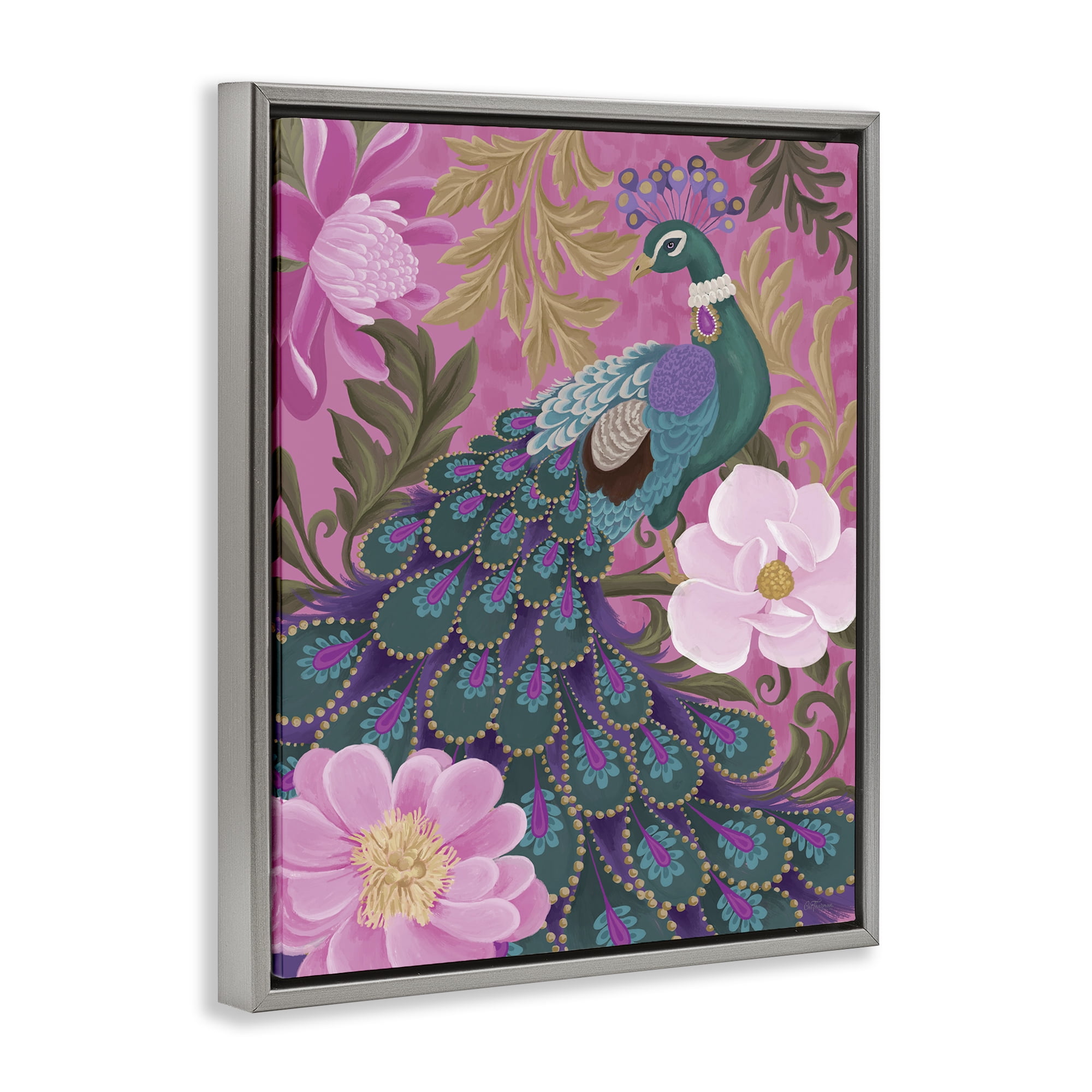 Stupell Industries Peacock & Pink Blossoms Animals & Insects Painting Gray Floater Framed Canvas Art Print Wall Art, 17 x 21