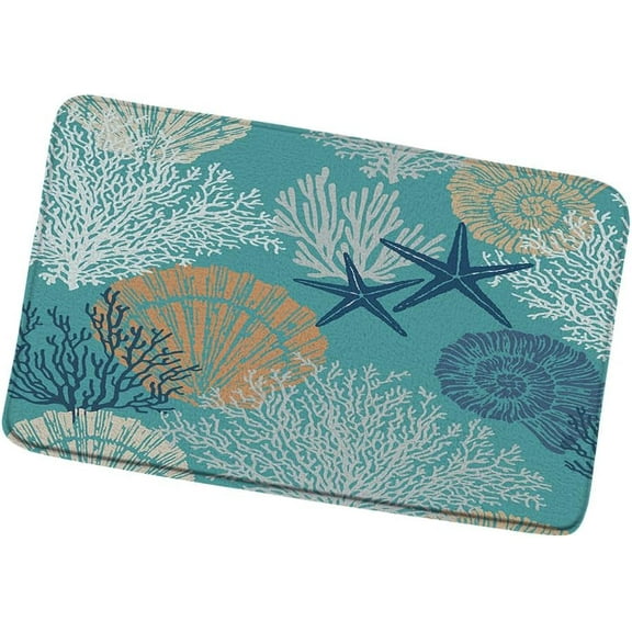 Nautical Coastal Bath Rug Ocean Starfish Bathroom Mat Seashell Coral Underwater Plants Watercolor Marine Themed Non-Slip Carpet Bedroom Kitchen Floor Decor 20 x 31 in