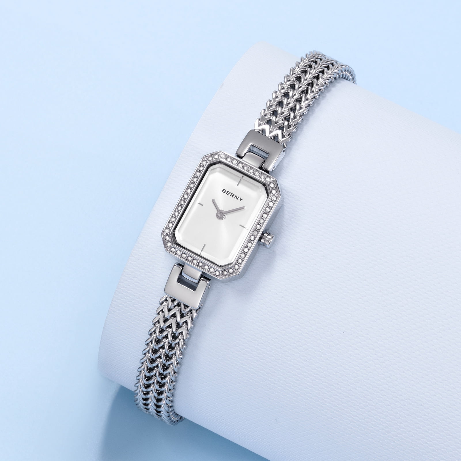 BERNY Silver Watches for Women, Dainty Rectangle Ladies Quartz Wrist Watch with Stainless Steel Bracelet Band, Waterproof Fashion Analog Women Watch Luxury Gift, Silver