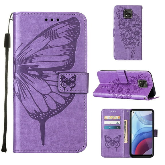 Moto G Power 2021 Wallet Case, Embossed Butterfly PU Leather Credit Card Holder Slots Full Body Protection Kickstand Flip Folio Shockproof TPU Phone Cover for Motorola Moto G Power 2021, Light Purple
