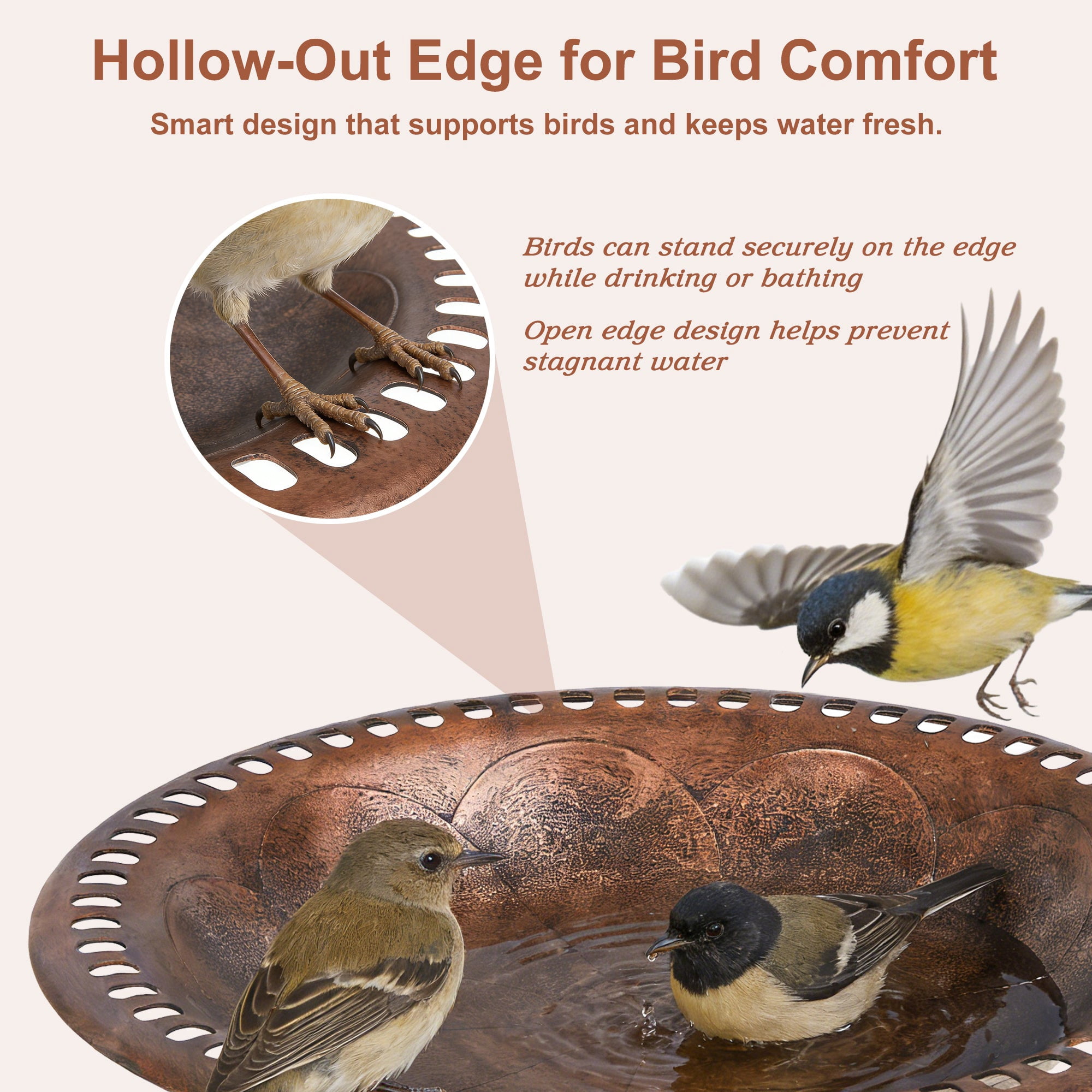VECELO 28" Height Pedestal Birdbath Outdoor Garden Decor, Vintage Yard Art Bird Baths, Brown