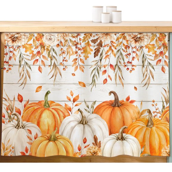 Thanksgiving Small Cabinet Curtain 11''x13'', Fall Pumpkin Branches Floral Wooden Grain Bathroom Sink Skirt for Kitchen Vanity Pedestal, Laundry Privacy Drape Waterproof Dishwasher Curtains