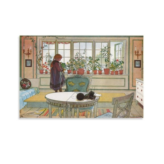 Carl Larsson Art Poster Flowers on The Windowsill Painting Poster Posters Art Print Wall Photo Paint Poster Hanging Picture Family Bedroom Decor Gift 12x18inch(30x45cm)