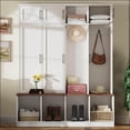 thumbnail image 6 of Farmhouse Hall Tree with 4 Hooks, 8 Cabinets & Walnut Bench - White MDF Entryway Storage | White | MDF, 6 of 17
