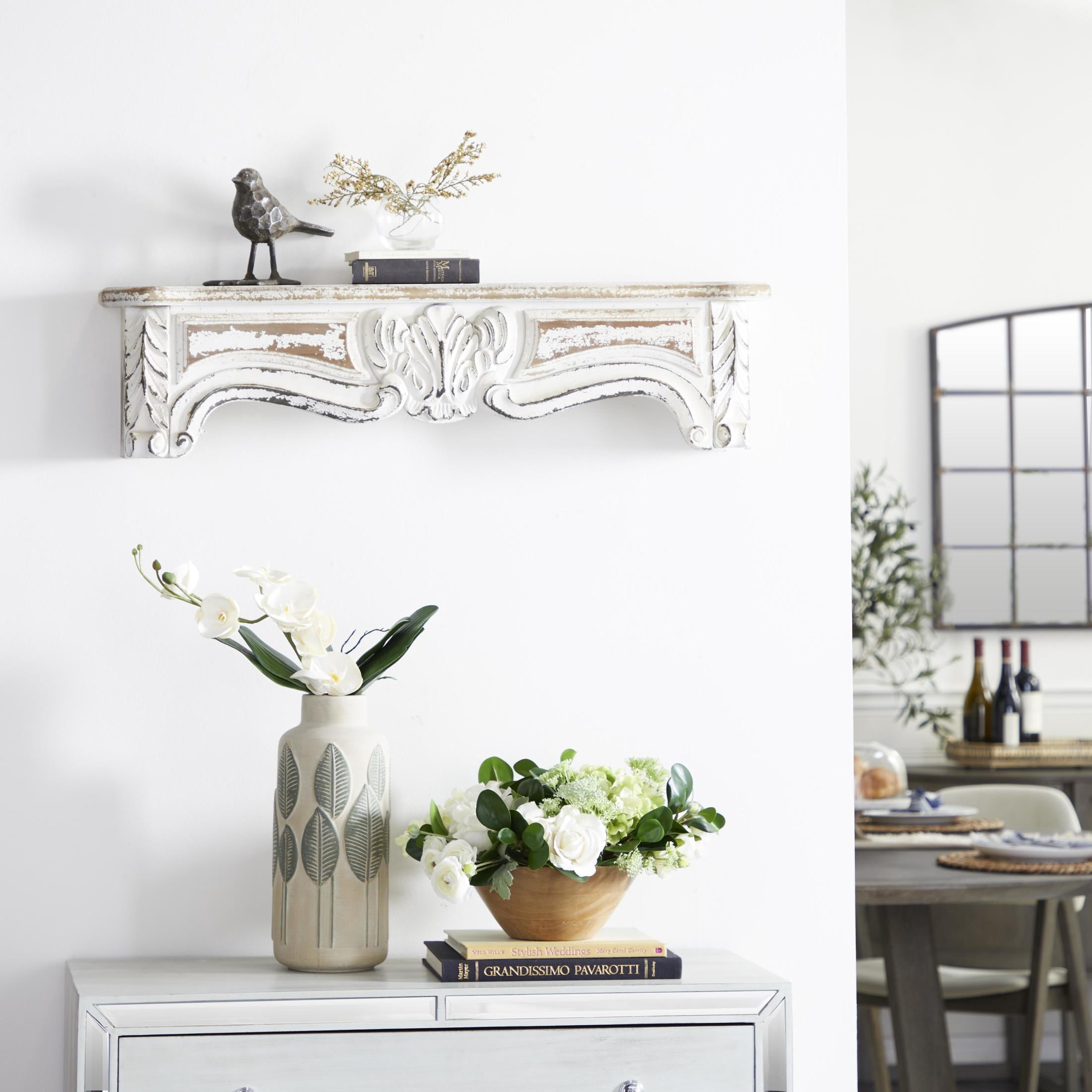 DecMode 36" x 6" Distressed 1-Tier White Scroll Wall Shelf