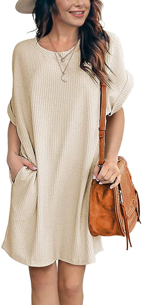 OWIN Women Waffle Knit Tunic Dress Casual Summer Short Sleeve Loose Dress Cover Up Beach Dress with Pocket 
